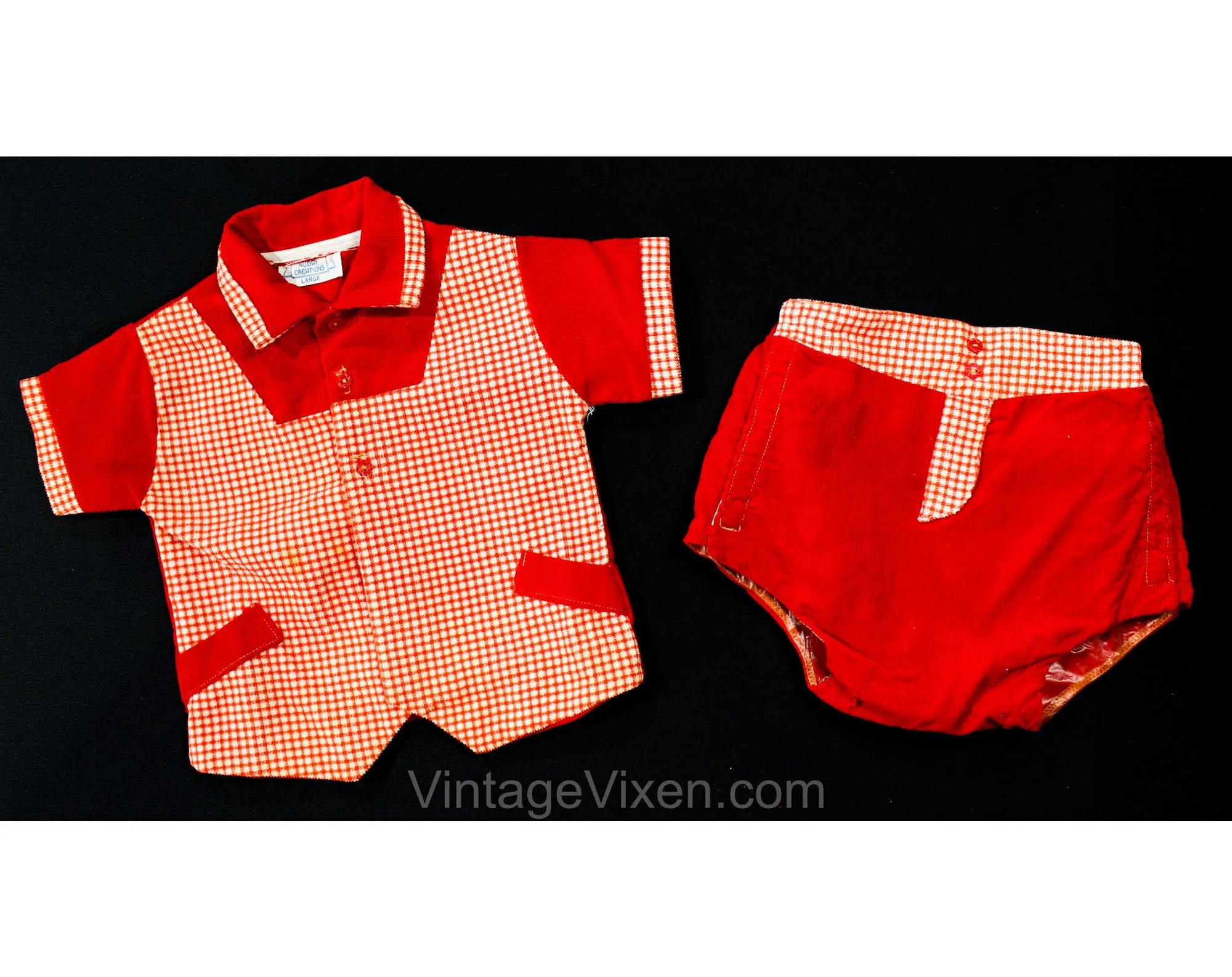 1950s Baby Boy's Red Corduroy Shirt & Short - Size 6 to 9 Months - Little Ricky - Infant Boys Checked 50s Outfit - Waterproof Diaper Cover