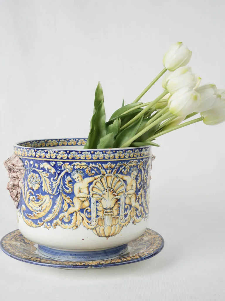 19th-century Gien blue & yellow flowerpot w/ saucer 8"