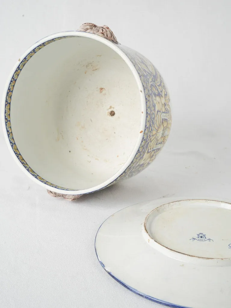 19th-century Gien blue & yellow flowerpot w/ saucer 8"