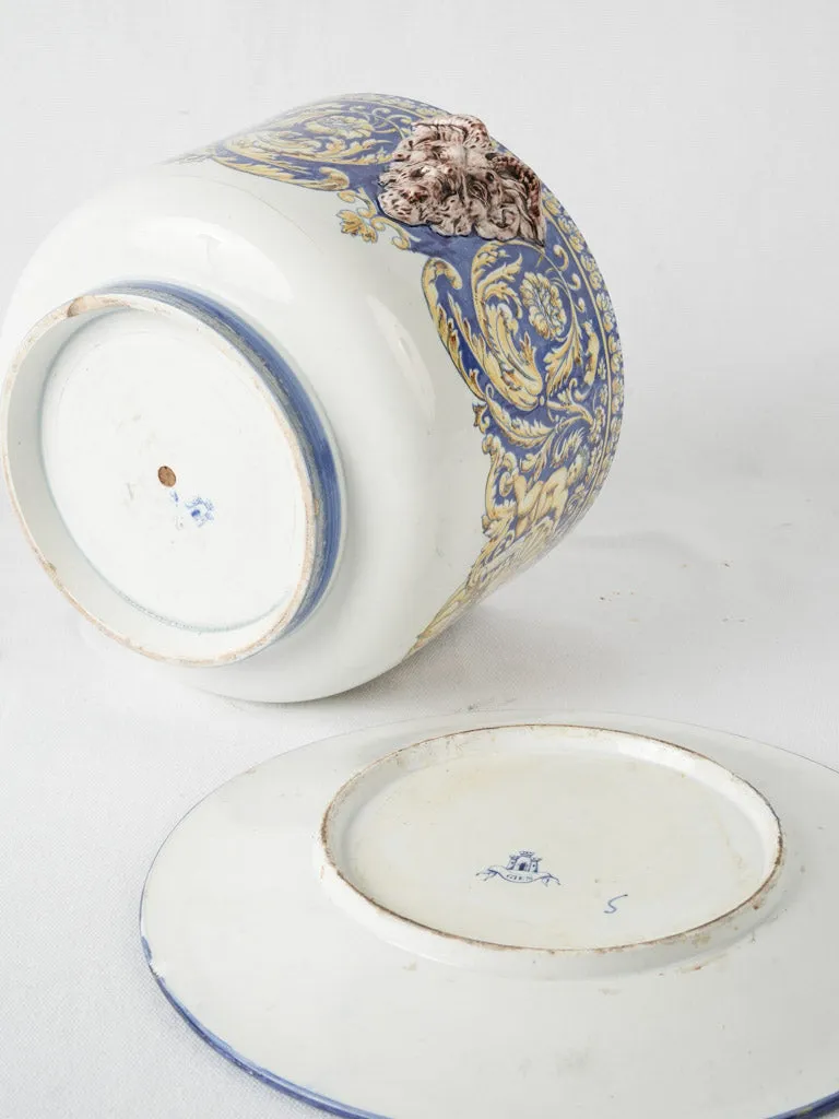 19th-century Gien blue & yellow flowerpot w/ saucer 8"