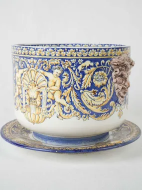 19th-century Gien blue & yellow flowerpot w/ saucer 8"