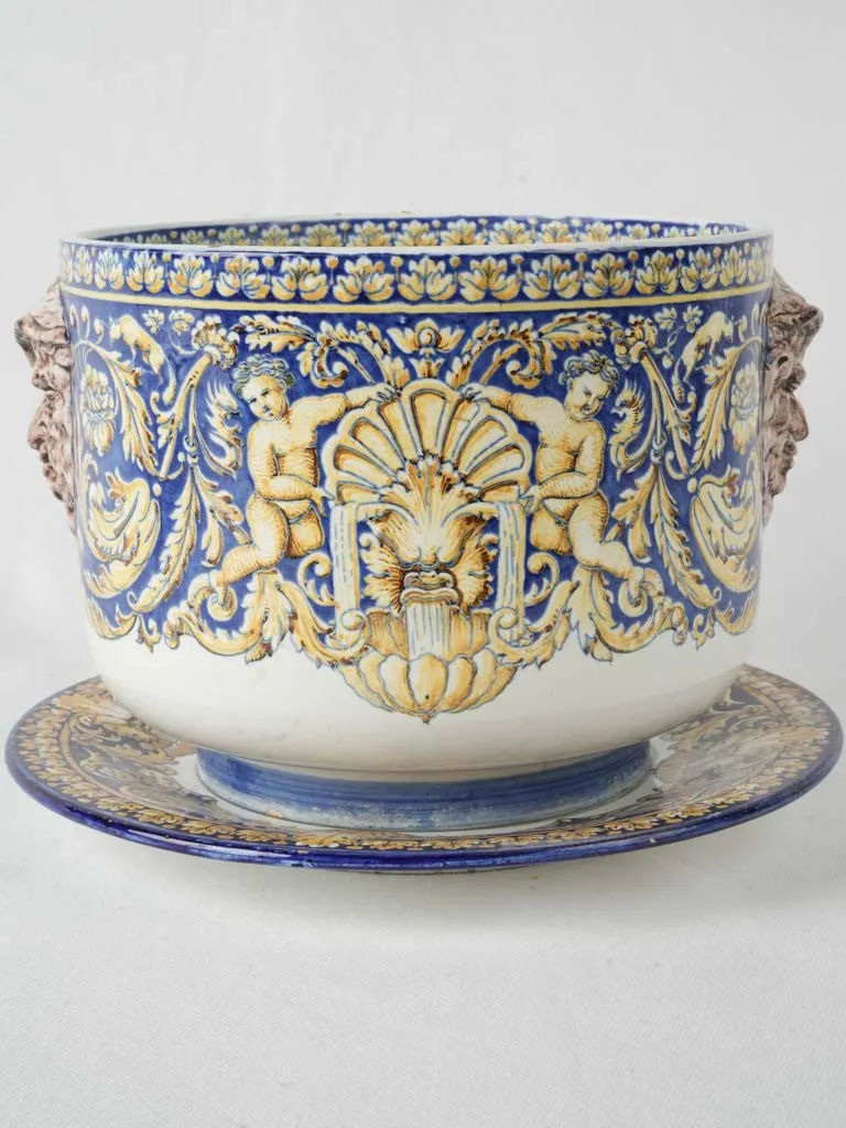 19th-century Gien blue & yellow flowerpot w/ saucer 8"