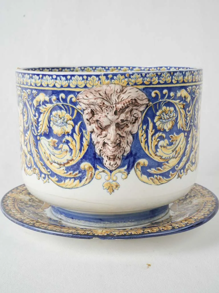 19th-century Gien blue & yellow flowerpot w/ saucer 8"