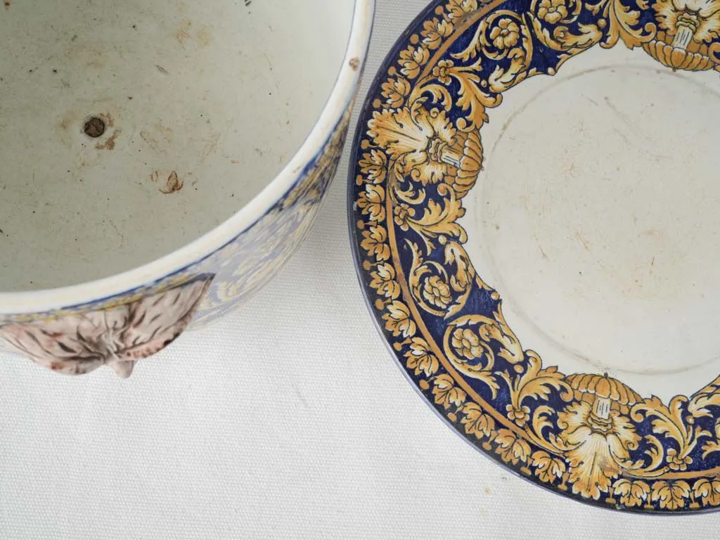 19th-century Gien blue & yellow flowerpot w/ saucer 8"
