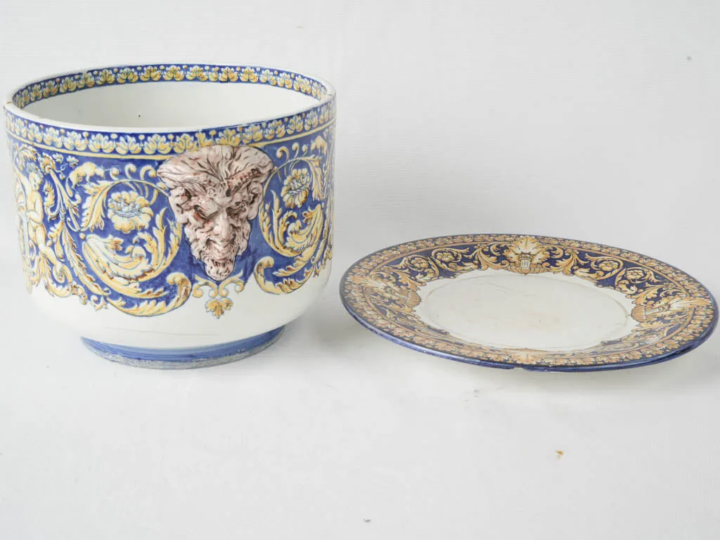 19th-century Gien blue & yellow flowerpot w/ saucer 8"