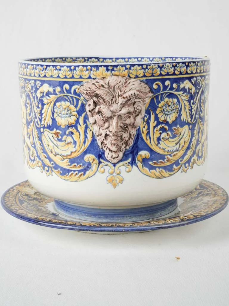 19th-century Gien blue & yellow flowerpot w/ saucer 8"