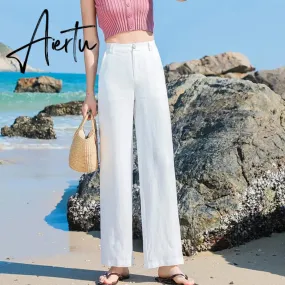 Aiertu Casual Cotton Linen wide leg Beach pants bohemian loose pants female  vintage high waist Solid color straight trousers women