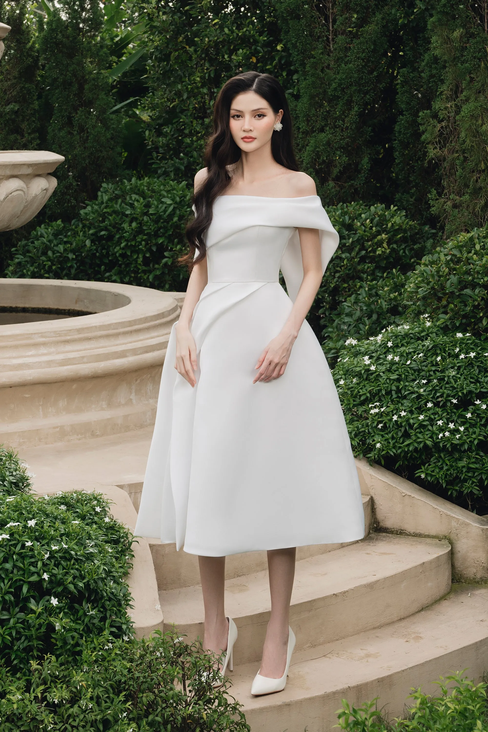 Amberly A-line Off-Shoulder Taffeta Below The Knee Dress