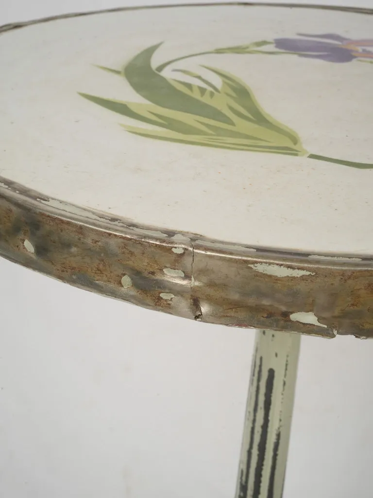 Art Deco Cast Iron Bistro Table w/ Enamel Iris Top, circa 1925