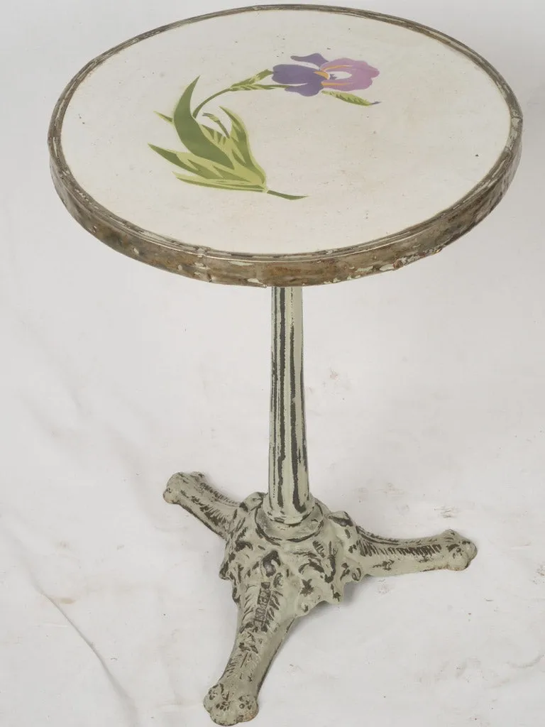 Art Deco Cast Iron Bistro Table w/ Enamel Iris Top, circa 1925