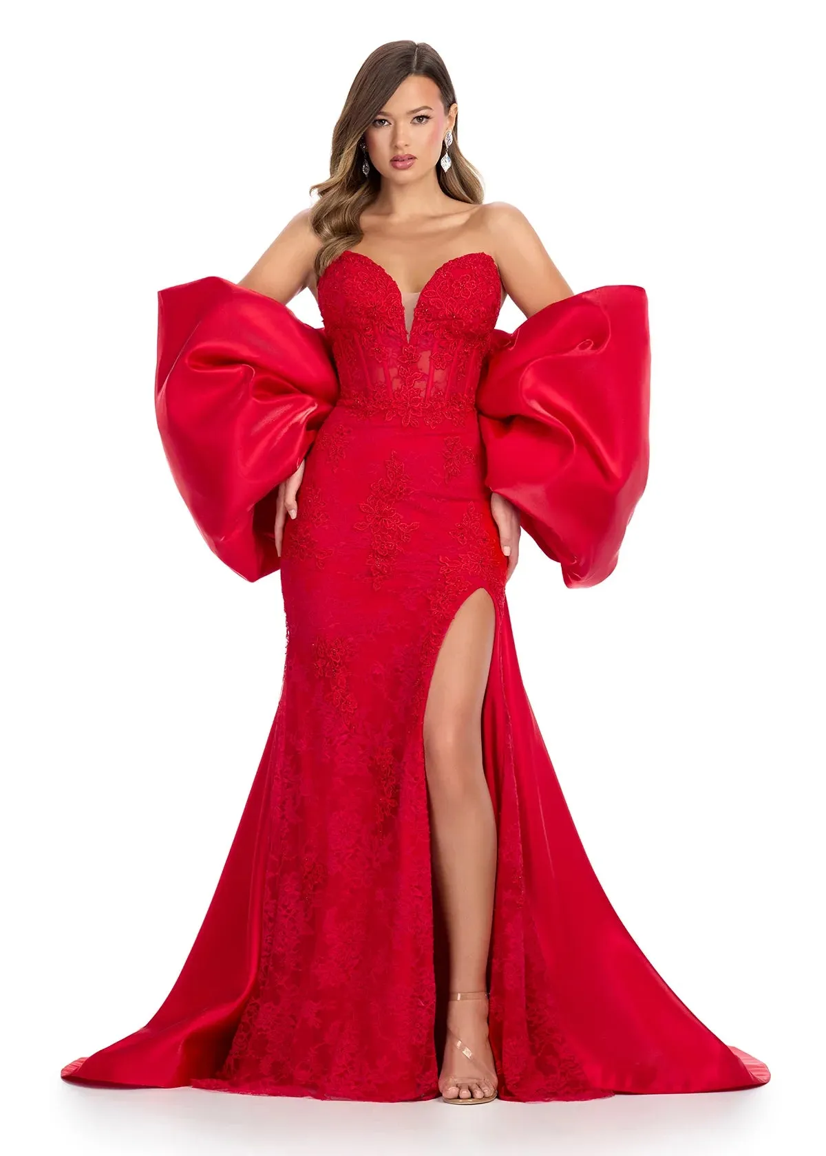 Ashley Lauren 12007 RED Oversize Bow Cape off the Shoulder Satin Shimmer Formal Accessory
