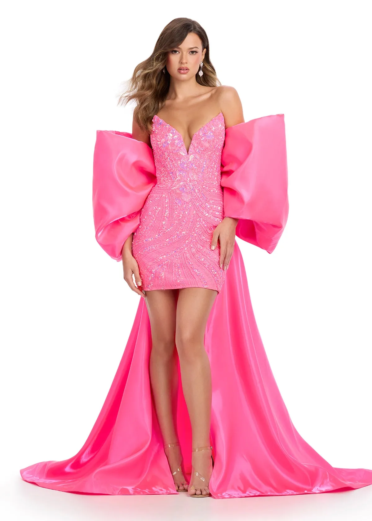 Ashley Lauren 12007 RED Oversize Bow Cape off the Shoulder Satin Shimmer Formal Accessory