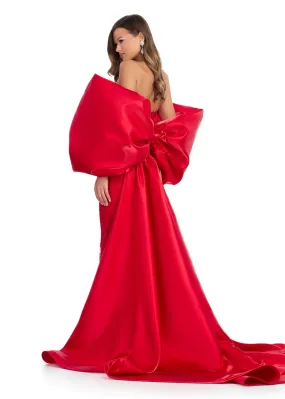 Ashley Lauren 12007 RED Oversize Bow Cape off the Shoulder Satin Shimmer Formal Accessory