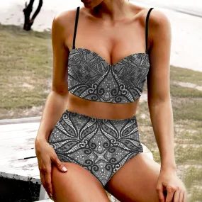 Black Lace Design High Waist Bikini Suspender Two Piece Swimsuit