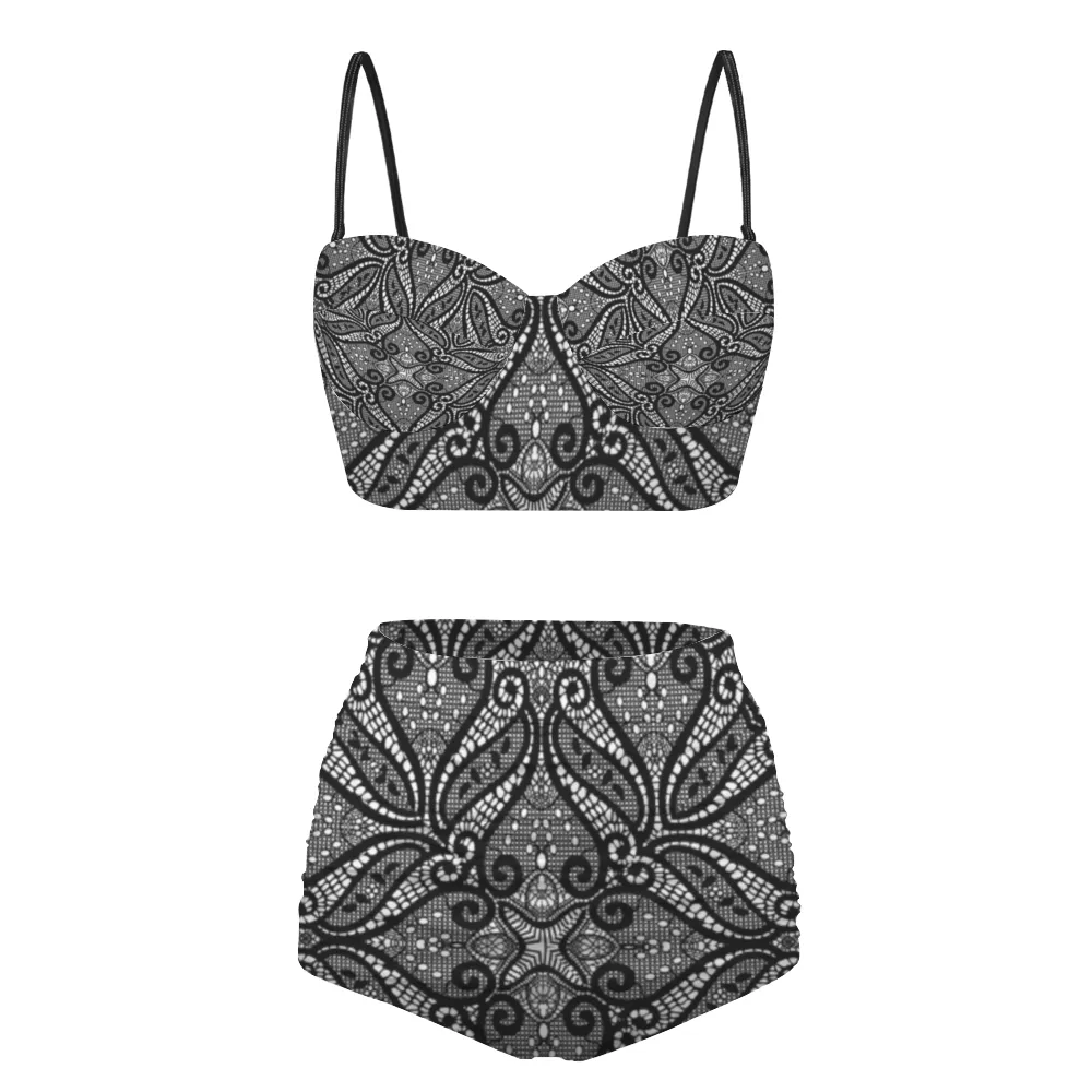 Black Lace Design High Waist Bikini Suspender Two Piece Swimsuit