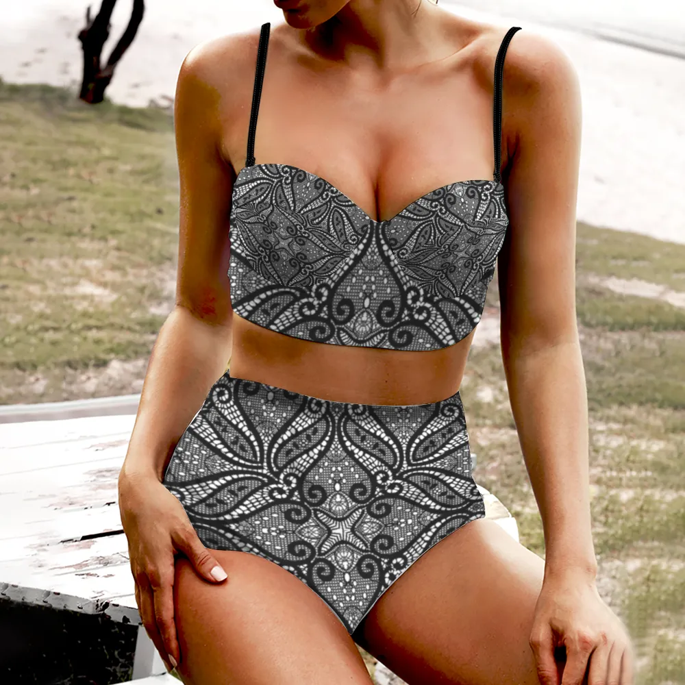 Black Lace Design High Waist Bikini Suspender Two Piece Swimsuit