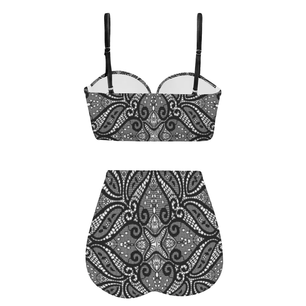 Black Lace Design High Waist Bikini Suspender Two Piece Swimsuit