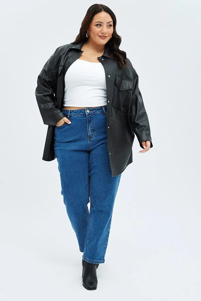 Black Shacket Longline Faux Leather