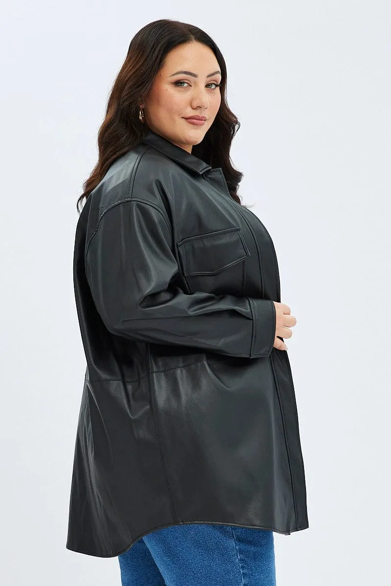 Black Shacket Longline Faux Leather