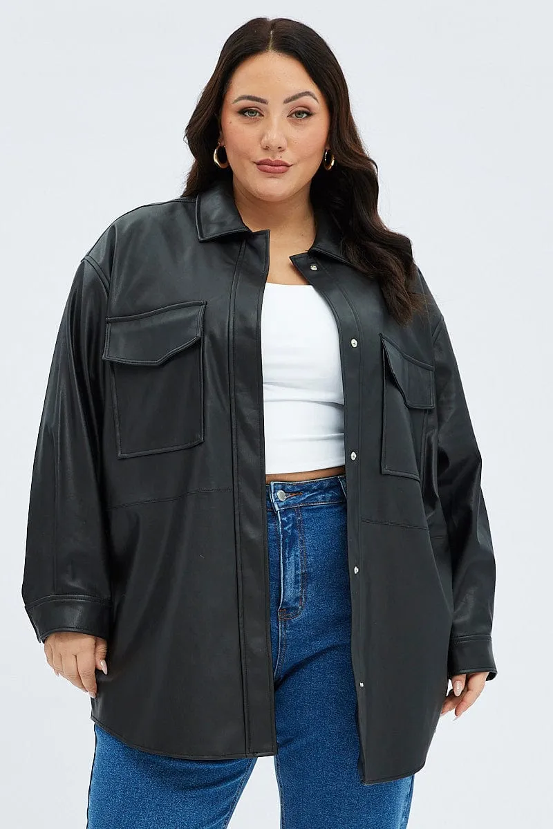 Black Shacket Longline Faux Leather