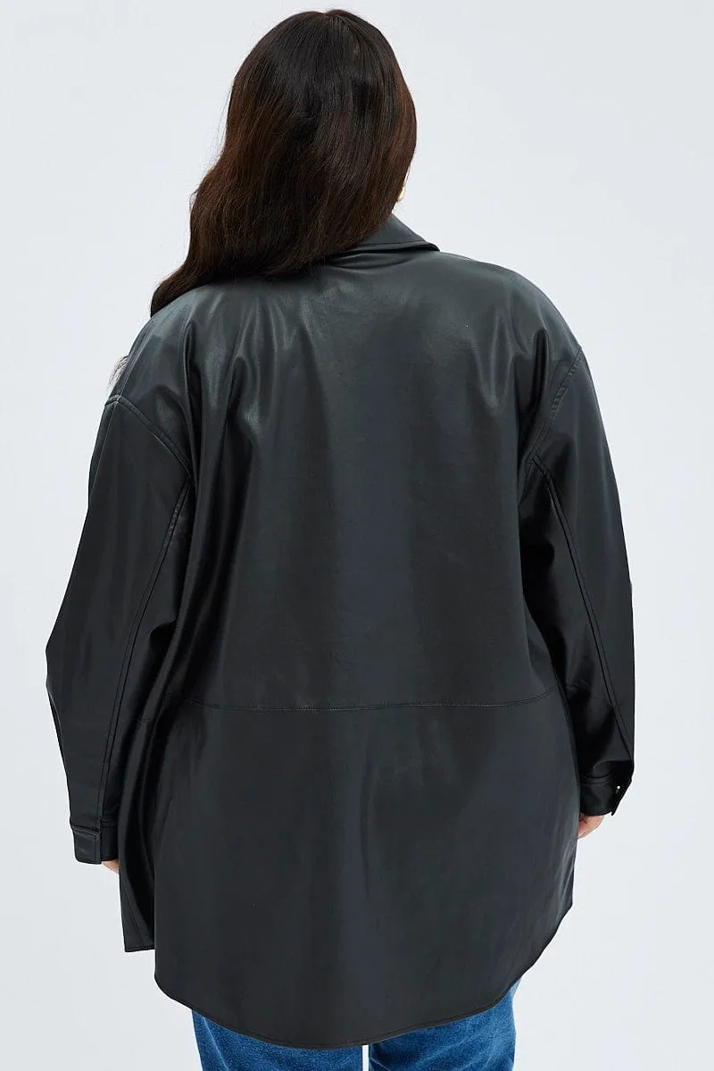 Black Shacket Longline Faux Leather