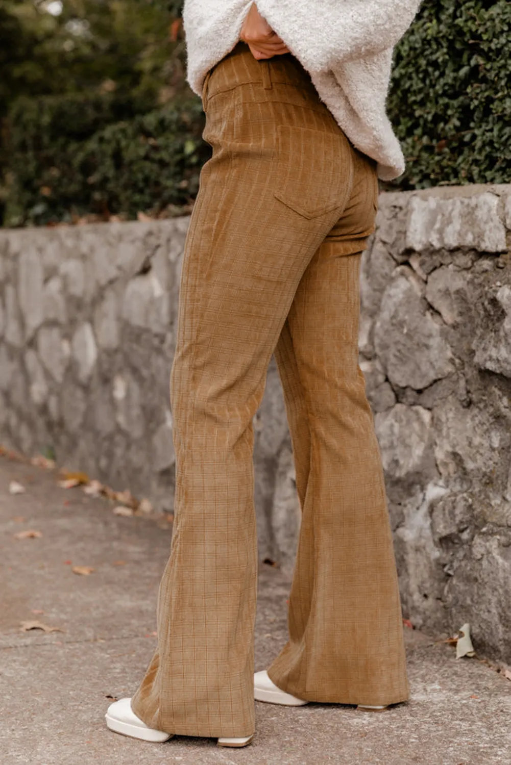 Blue Zone Planet |  Grapefruit Orange Checkered Corduroy Flare High Waist Pants