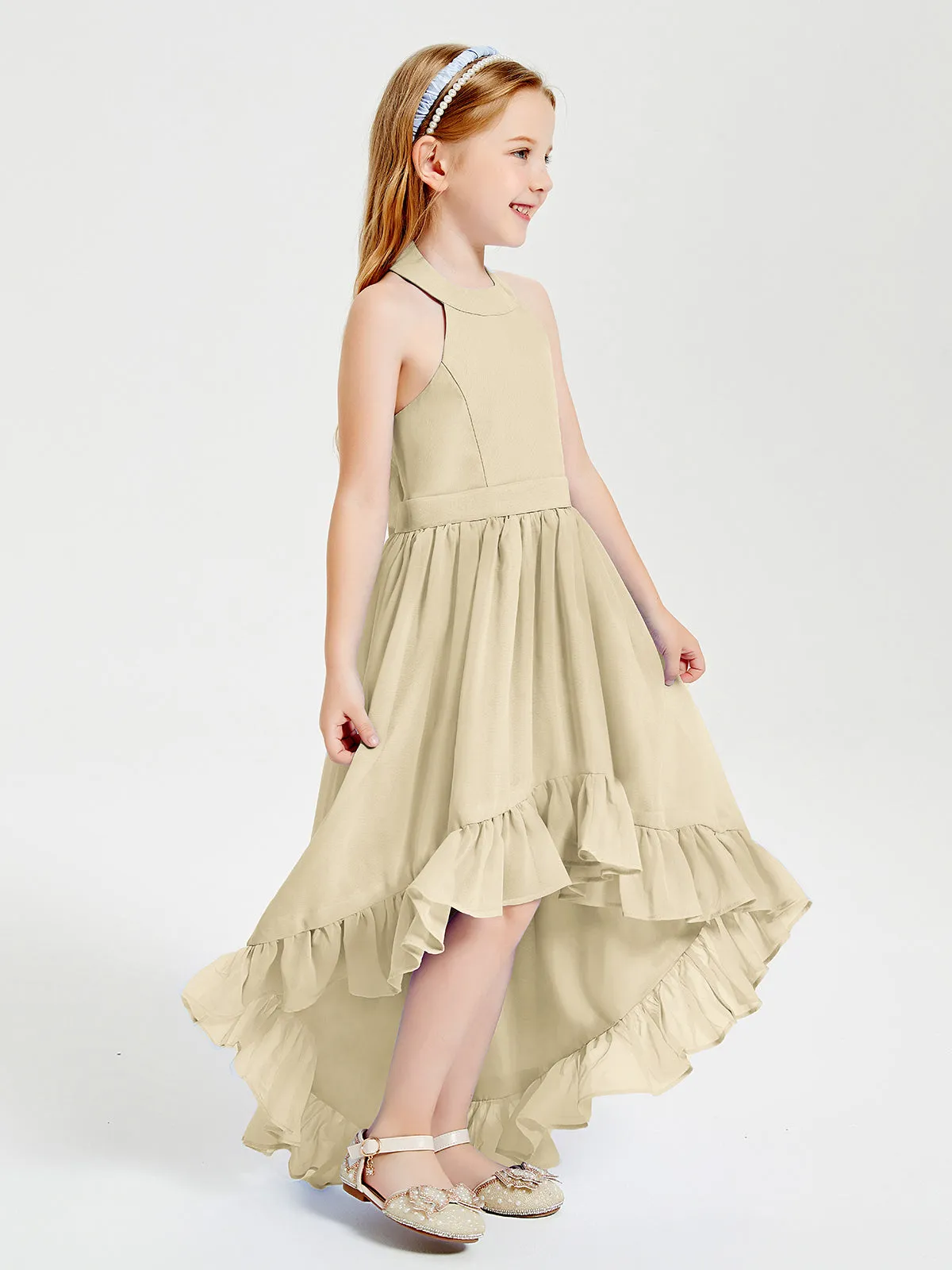 Boho Junior Bridesmaid Dresses Asymmetrical Cascading Skirt Champagne