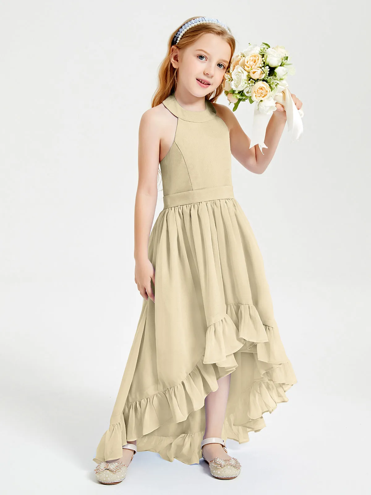 Boho Junior Bridesmaid Dresses Asymmetrical Cascading Skirt Champagne