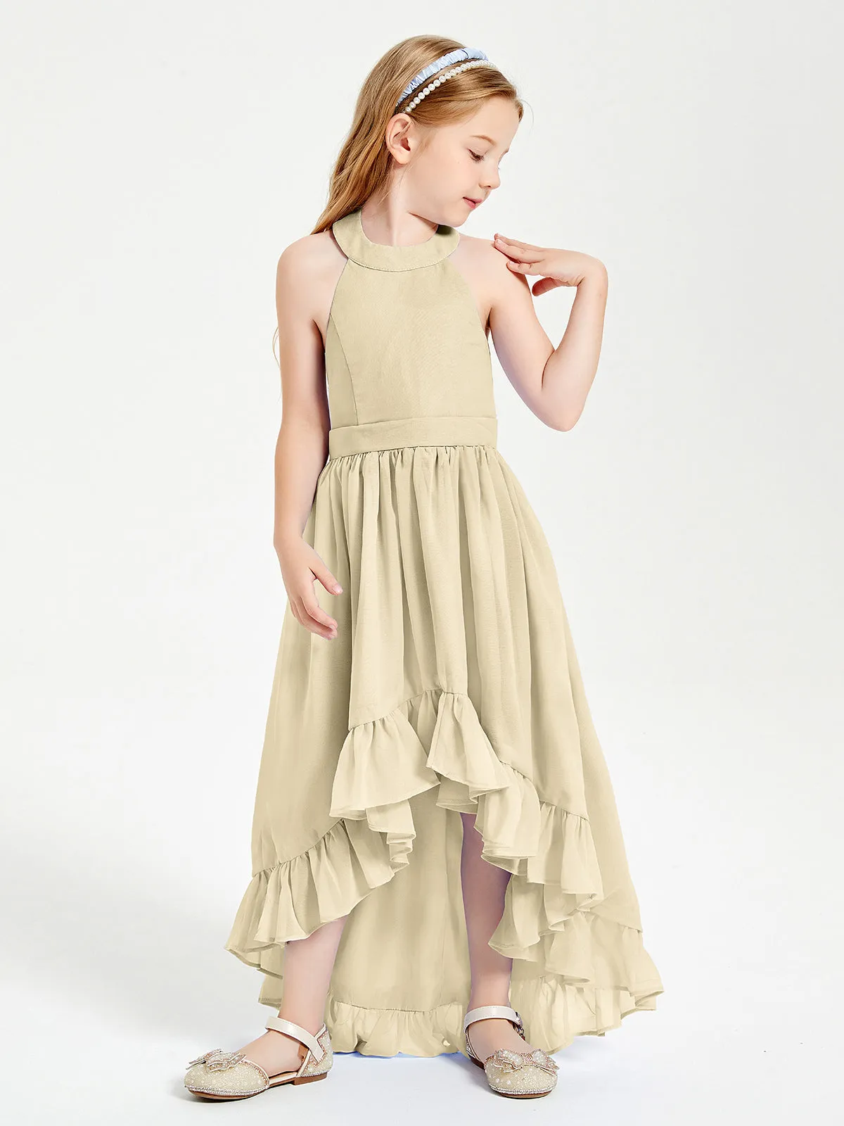 Boho Junior Bridesmaid Dresses Asymmetrical Cascading Skirt Champagne
