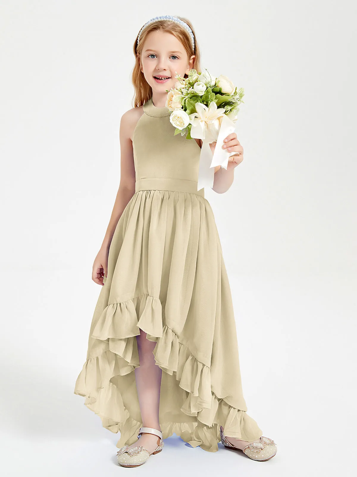 Boho Junior Bridesmaid Dresses Asymmetrical Cascading Skirt Champagne