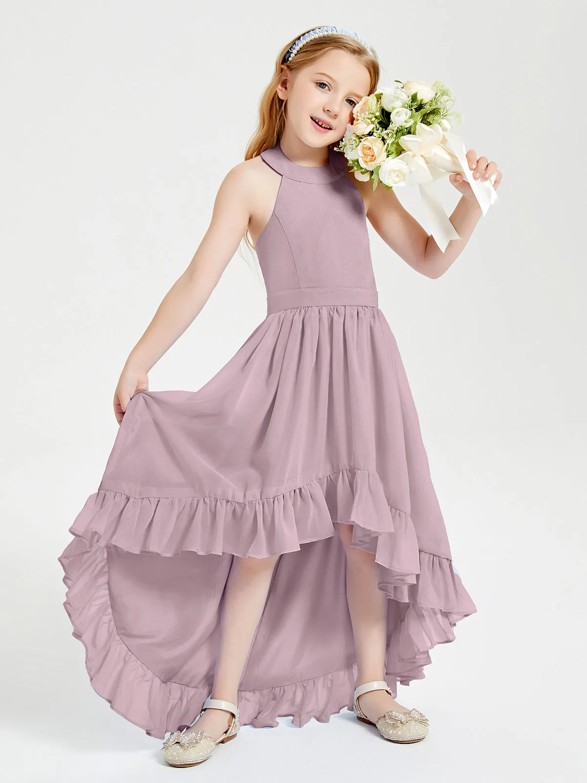 Boho Junior Bridesmaid Dresses Asymmetrical Cascading Skirt Dusk