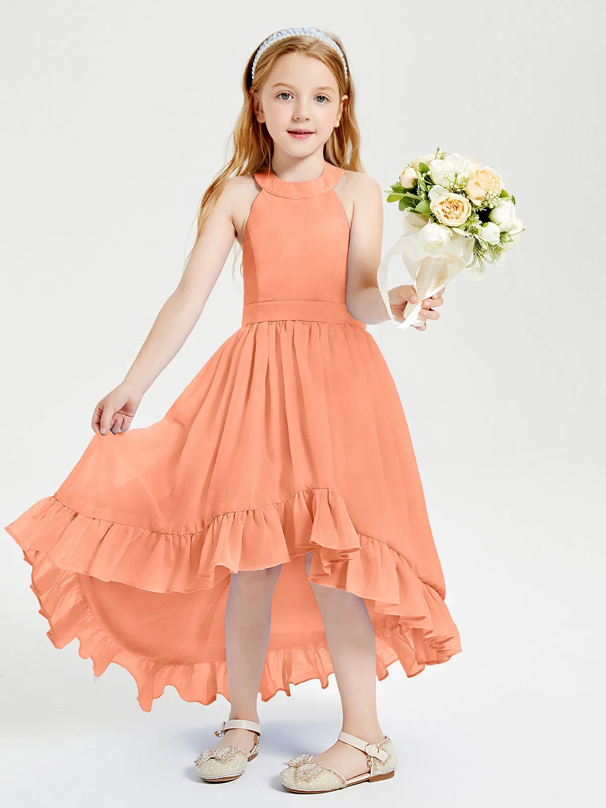 Boho Junior Bridesmaid Dresses Asymmetrical Cascading Skirt Papaya