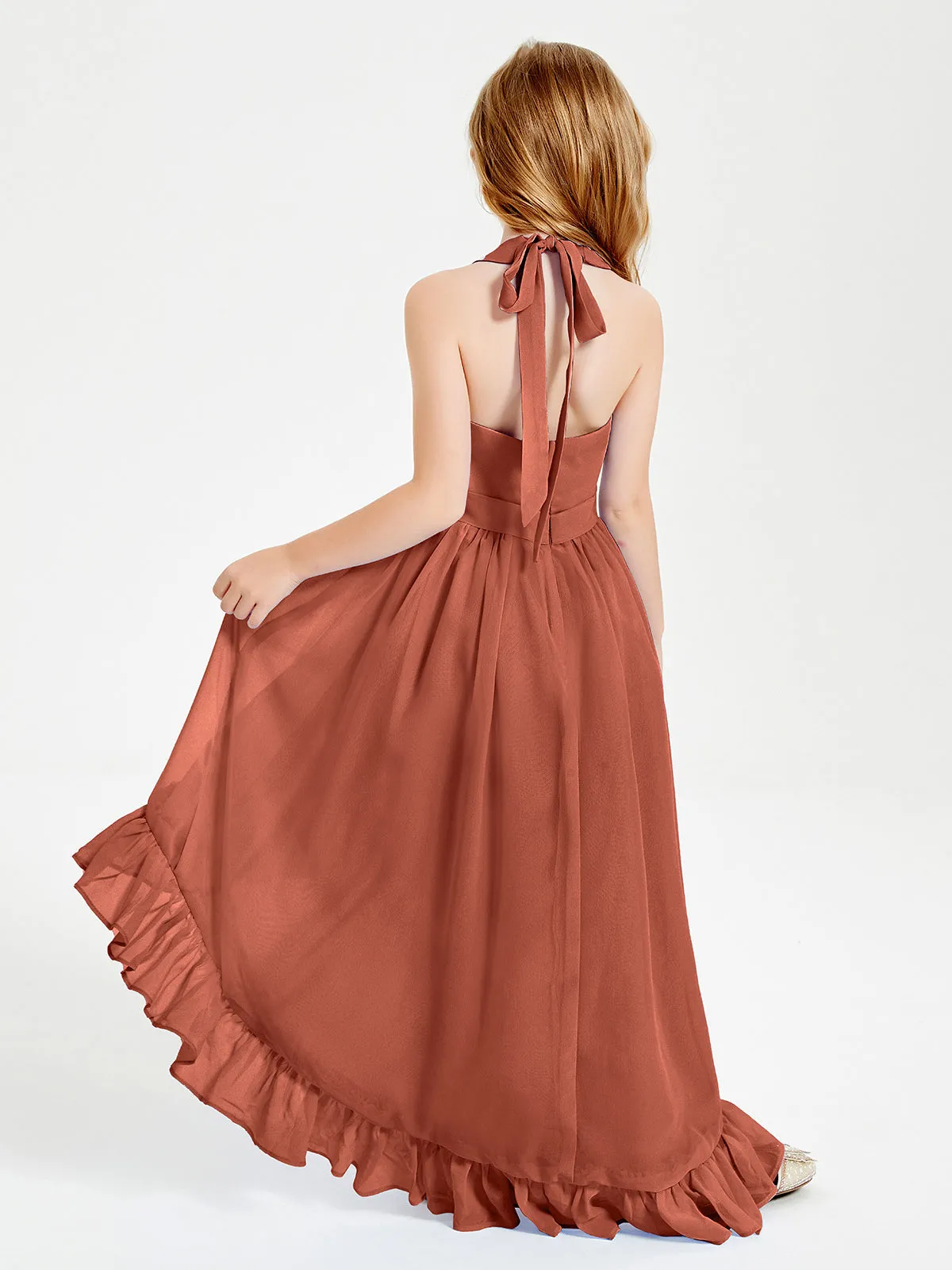 Boho Junior Bridesmaid Dresses Asymmetrical Cascading Skirt Rust