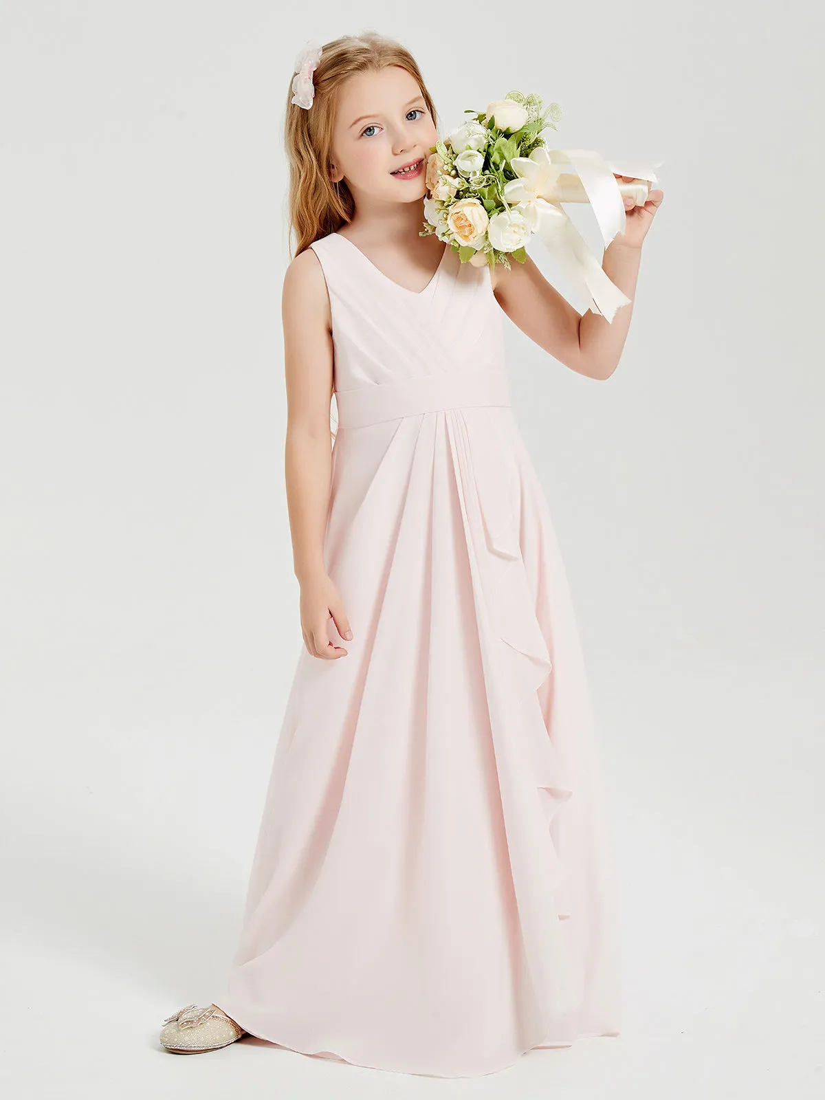 Boho Long Chiffon Bridesmaid Dresses Cascading Skirt Blushing Pink