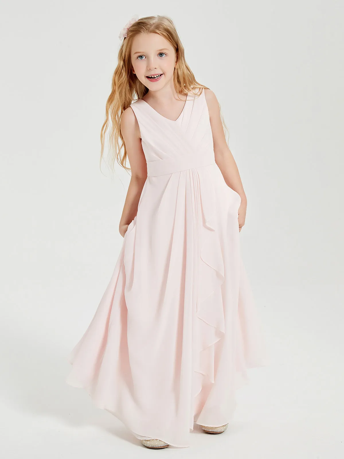 Boho Long Chiffon Bridesmaid Dresses Cascading Skirt Blushing Pink