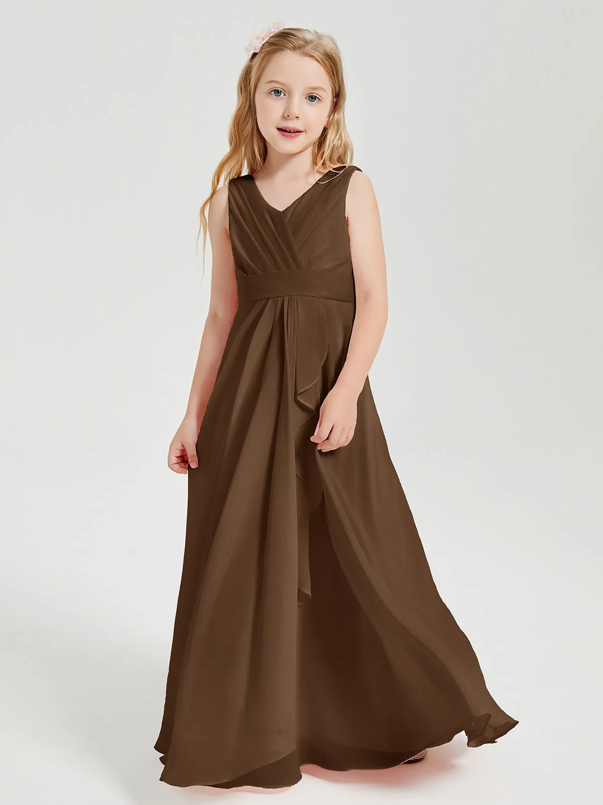Boho Long Chiffon Bridesmaid Dresses Cascading Skirt Brown