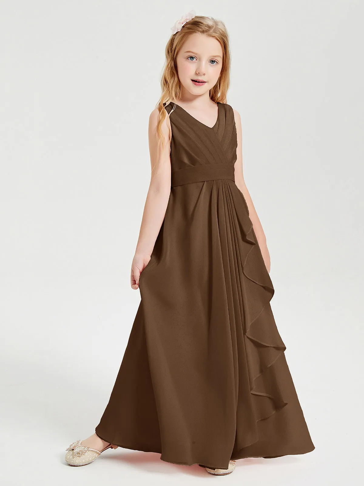Boho Long Chiffon Bridesmaid Dresses Cascading Skirt Brown