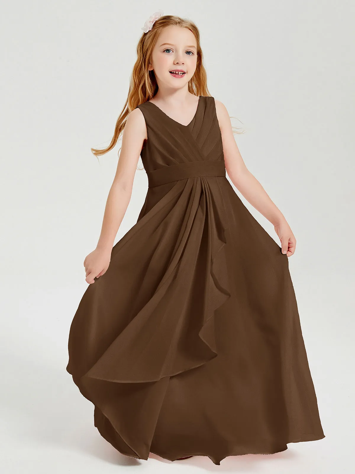 Boho Long Chiffon Bridesmaid Dresses Cascading Skirt Brown