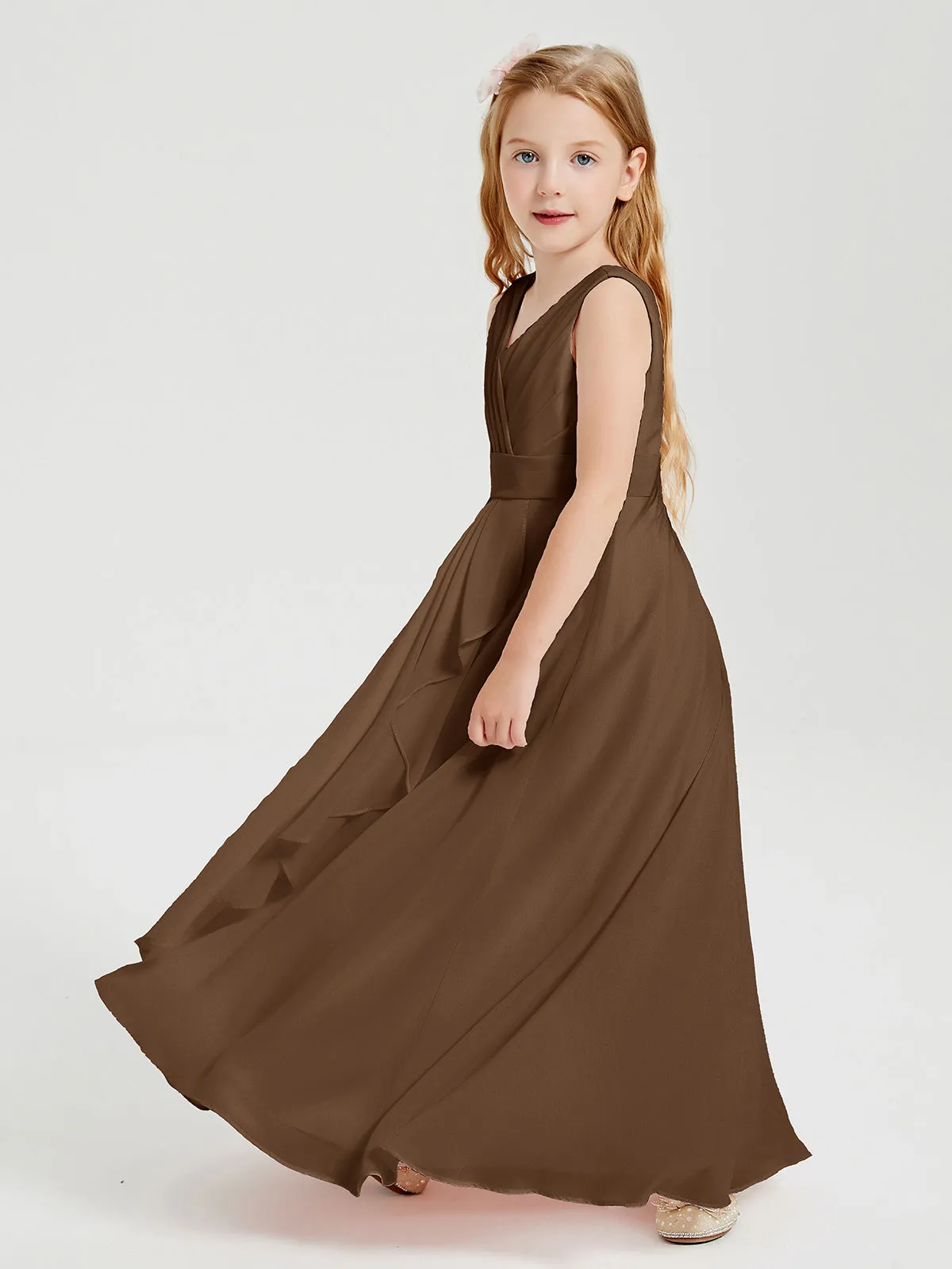 Boho Long Chiffon Bridesmaid Dresses Cascading Skirt Brown