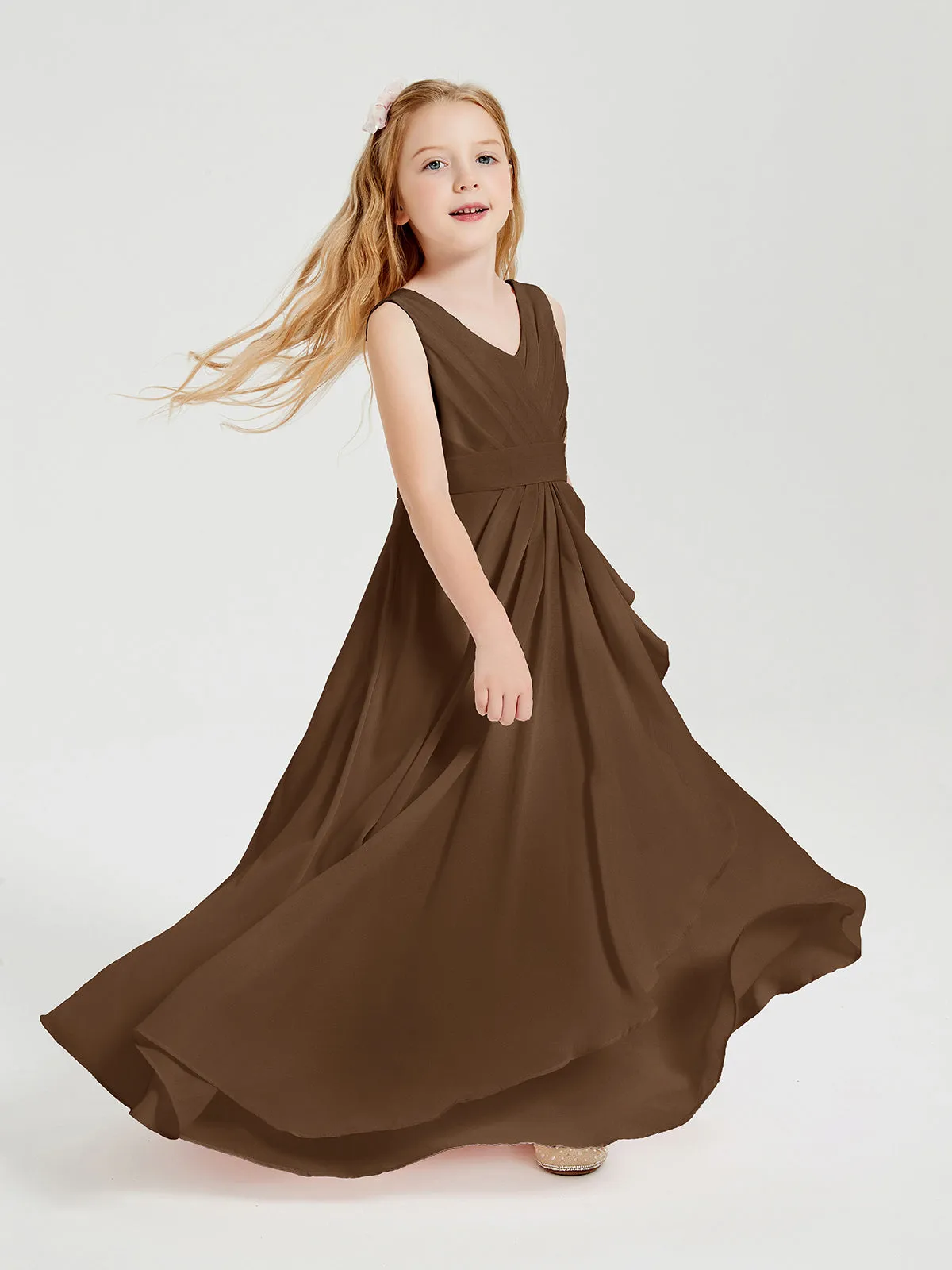 Boho Long Chiffon Bridesmaid Dresses Cascading Skirt Brown