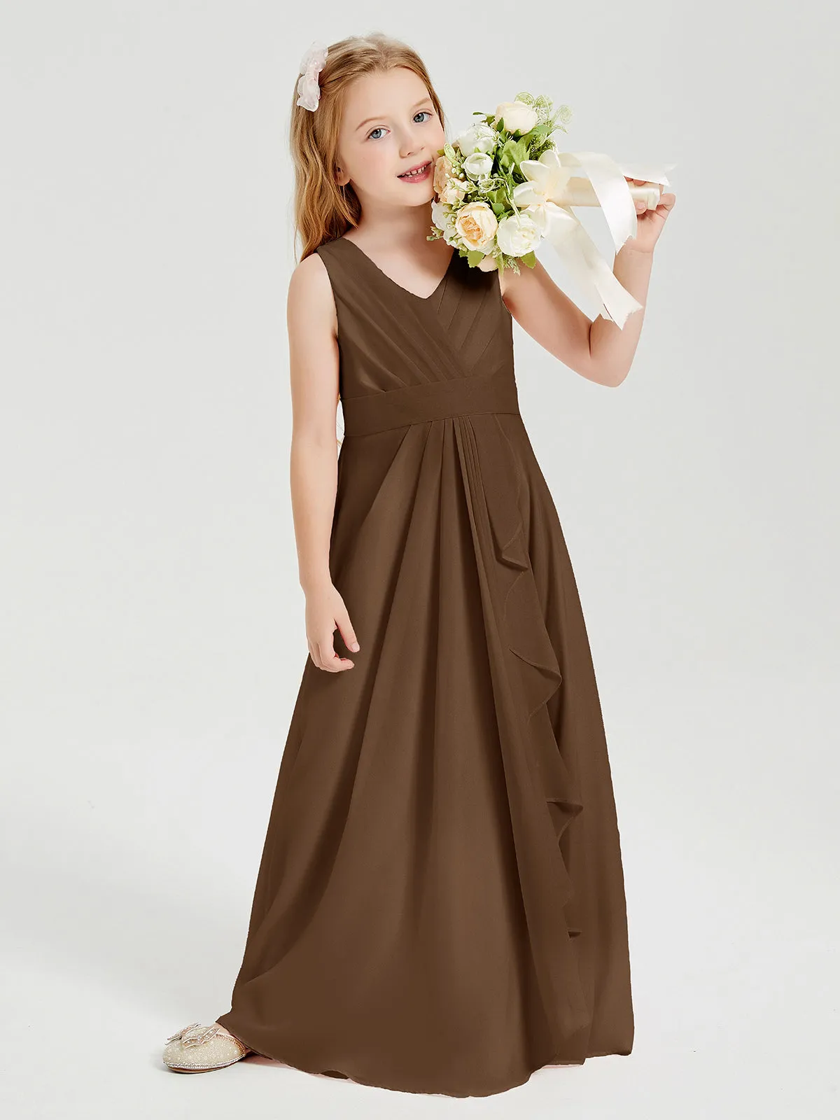 Boho Long Chiffon Bridesmaid Dresses Cascading Skirt Brown