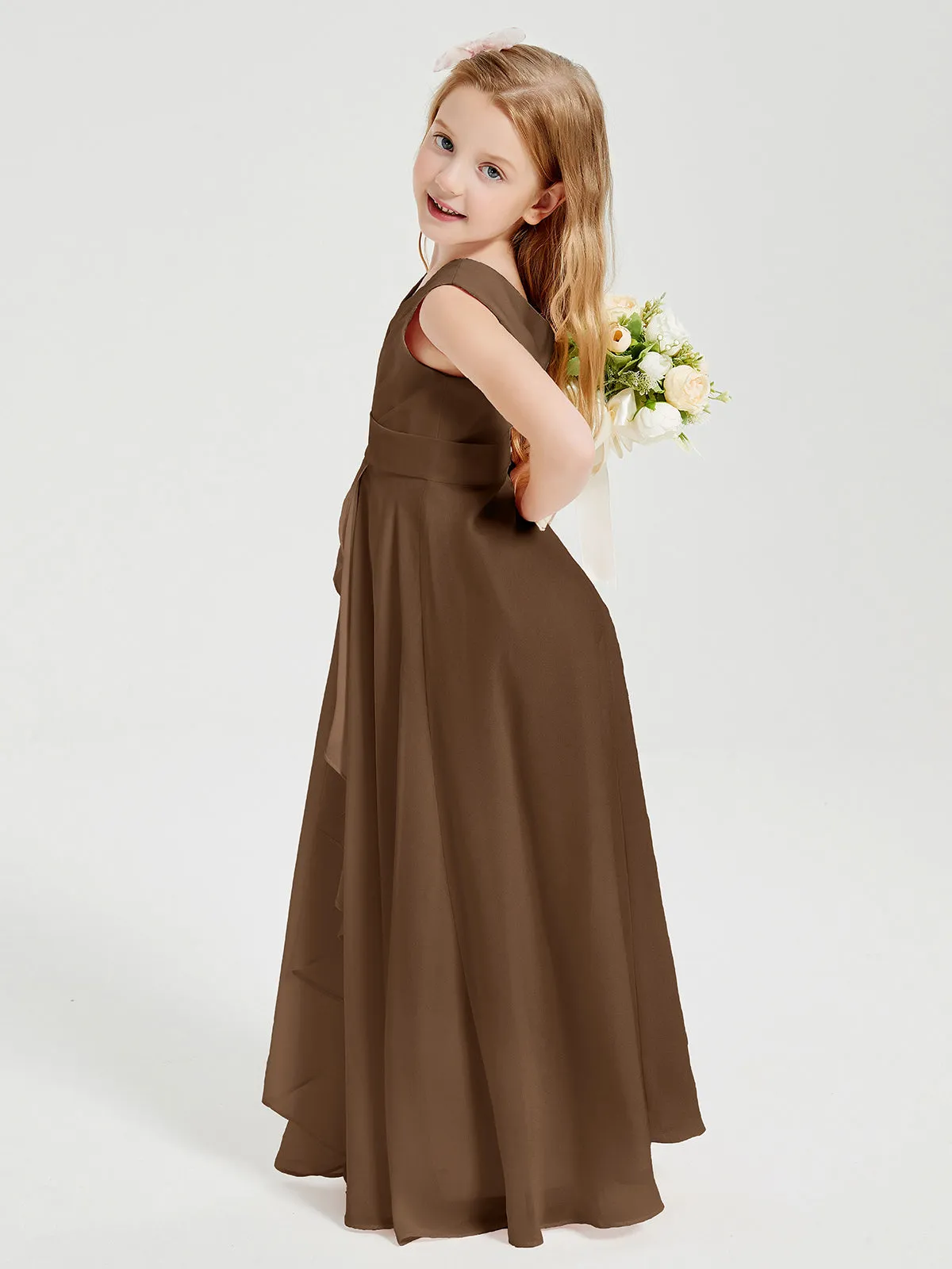 Boho Long Chiffon Bridesmaid Dresses Cascading Skirt Brown