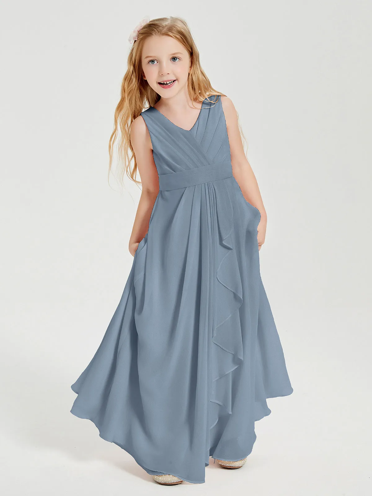 Boho Long Chiffon Bridesmaid Dresses Cascading Skirt Dusty Blue