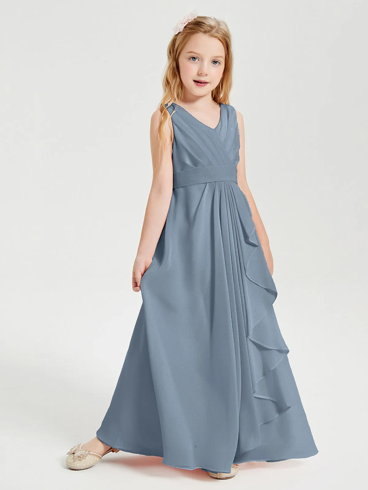 Boho Long Chiffon Bridesmaid Dresses Cascading Skirt Dusty Blue