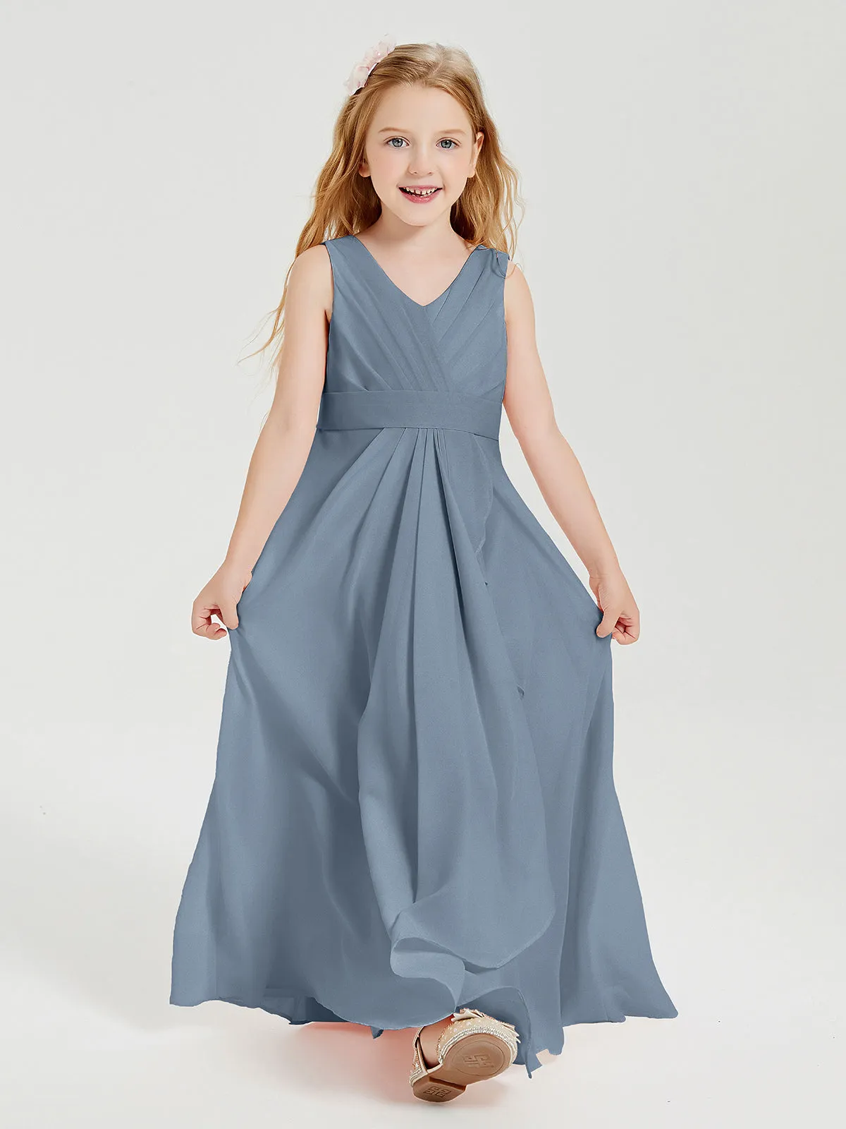 Boho Long Chiffon Bridesmaid Dresses Cascading Skirt Dusty Blue
