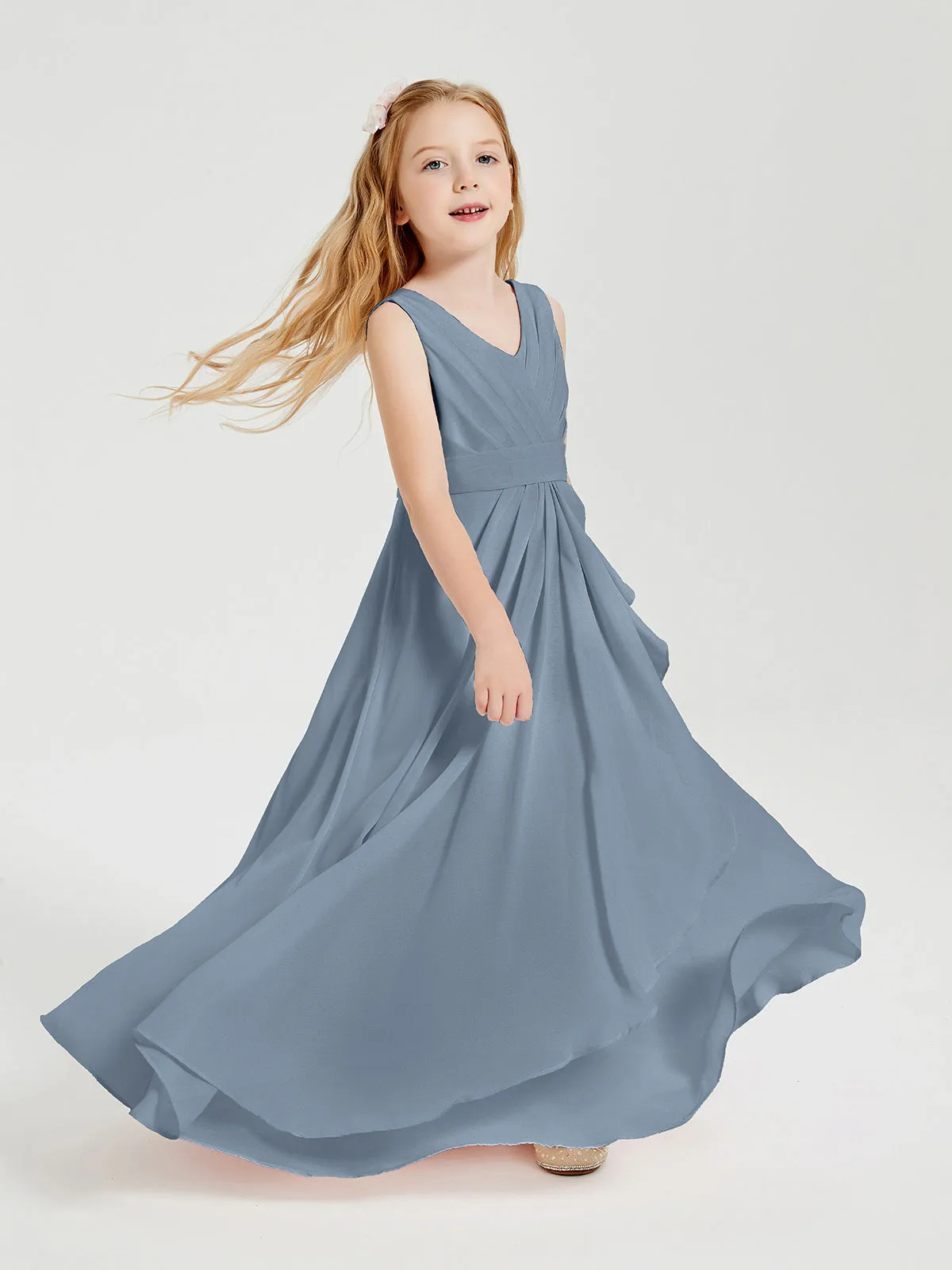 Boho Long Chiffon Bridesmaid Dresses Cascading Skirt Dusty Blue