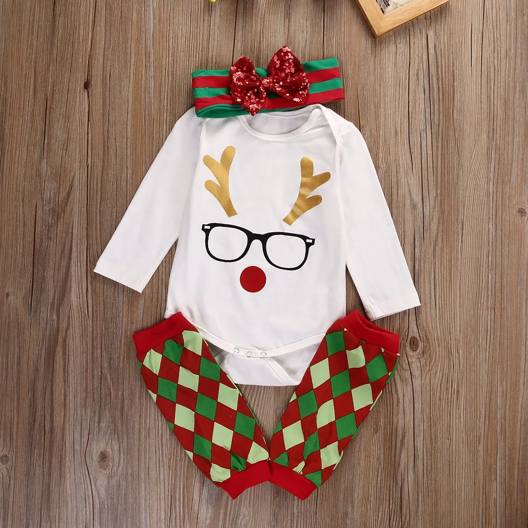 Christmas Baby Clothes Deer Long Sleeved Romper Leg Warmers Headband 3pcs XMAS Outfits Clothing Set Costume