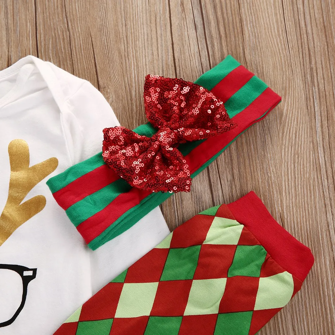 Christmas Baby Clothes Deer Long Sleeved Romper Leg Warmers Headband 3pcs XMAS Outfits Clothing Set Costume