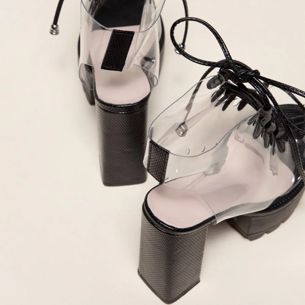 Clear Lace Up 5.1" Open Toe Chunky High Heel Shoes 3 Colors