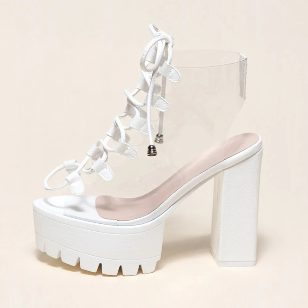 Clear Lace Up 5.1" Open Toe Chunky High Heel Shoes 3 Colors